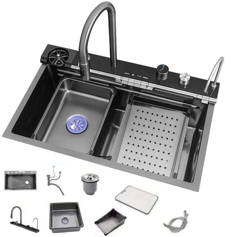 304 New Digital Display Waterfall Sink Stainless Steel Kitchen Sink With Smartphone Holder Embossed Large Single Slot Wash Basin