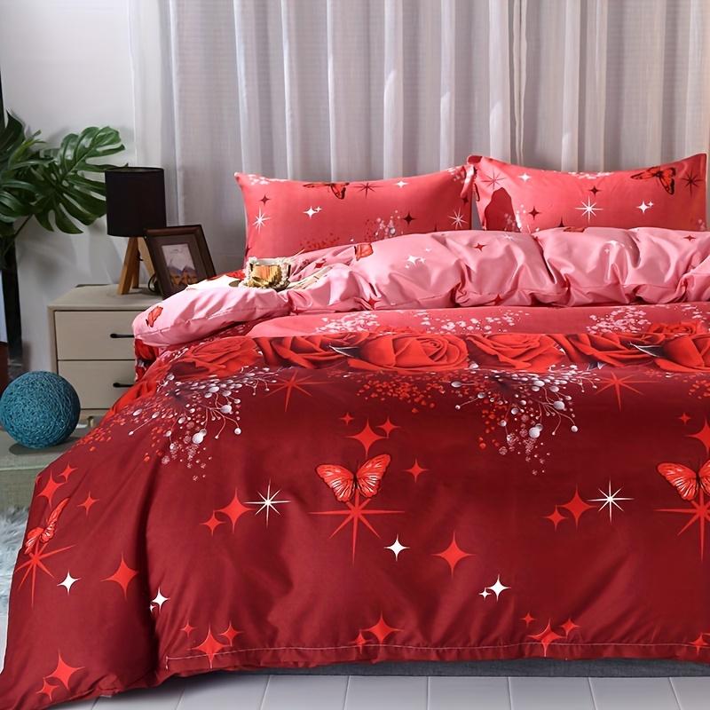 3Pcs Polyester Fiber Soft, Skin-Friendly Quilt Cover Set (Two Pillowcases And One Quilt Cover). Red Is The Primary Color