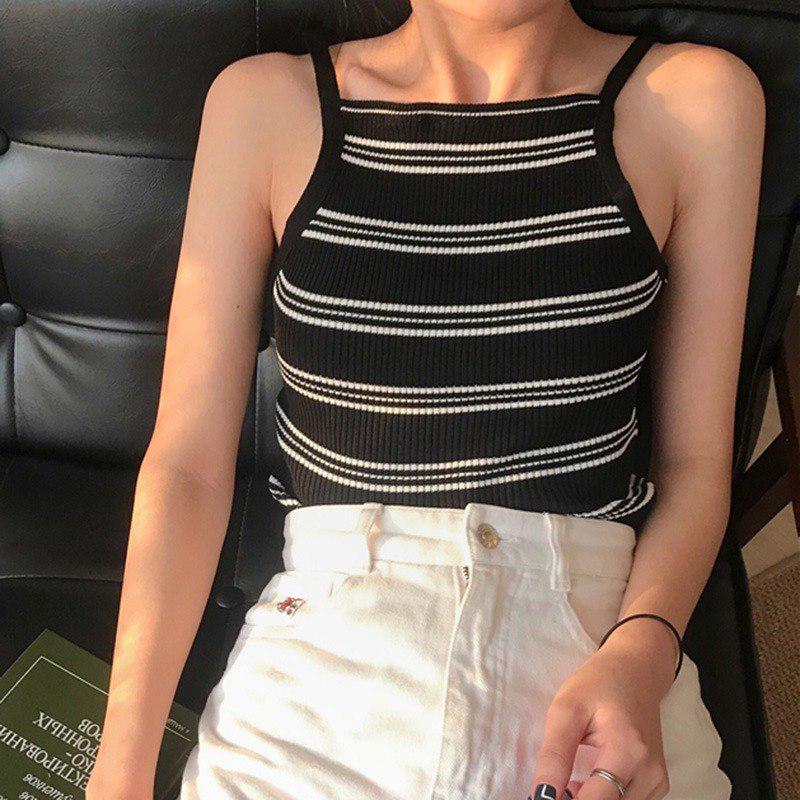 Korean Summer Top Women Spaghetti Strap Striped Halter Knitted Camisole Women's clothes