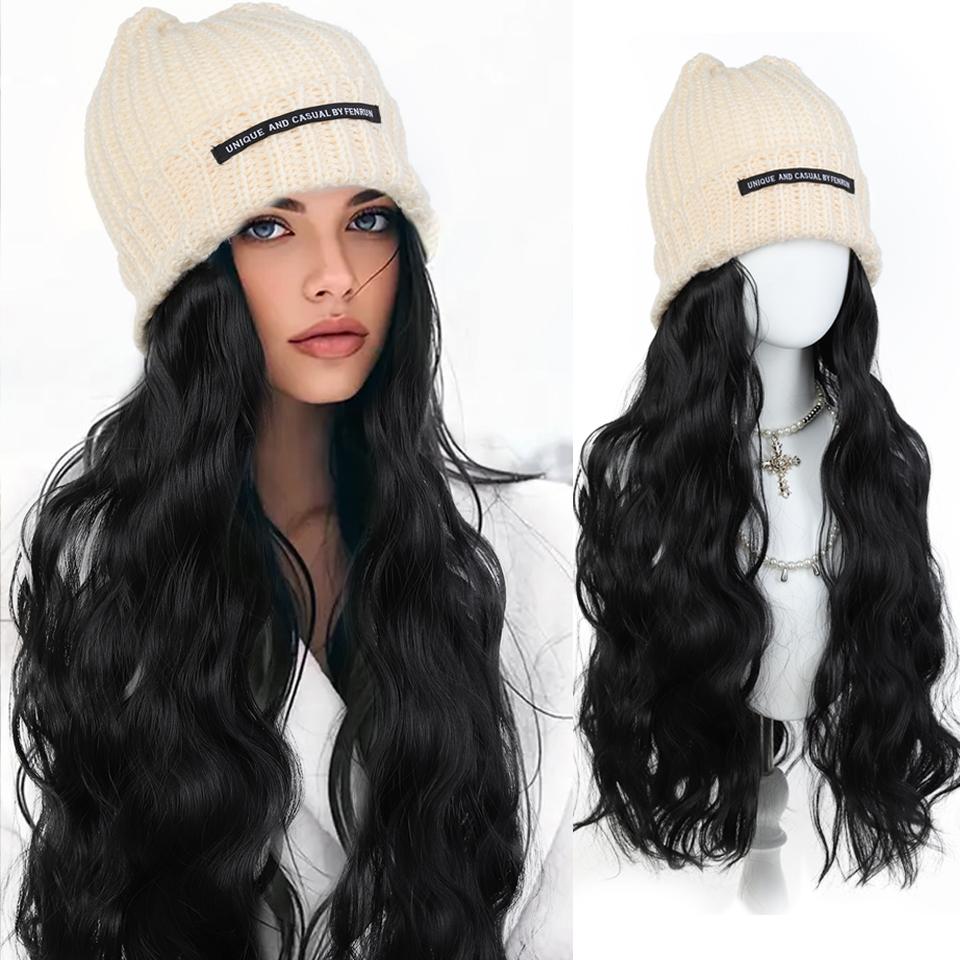 Synthetic Wig Hat Wig Warm Knitted Hat with Water Ripple Curls Women's Hat Wig Suitable for Daily Wear in Winter and Autumn