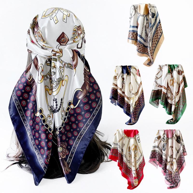 Women's Satin Artificial Silk Square Scarf Shawl Classic Chain Printing Silk Scarf 90cm Headscarf