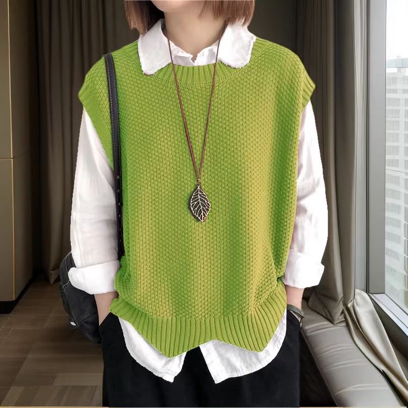 

Женский повседневный вязаный жилет свободного кроя с волнистым низом и круглым вырезом зелёный