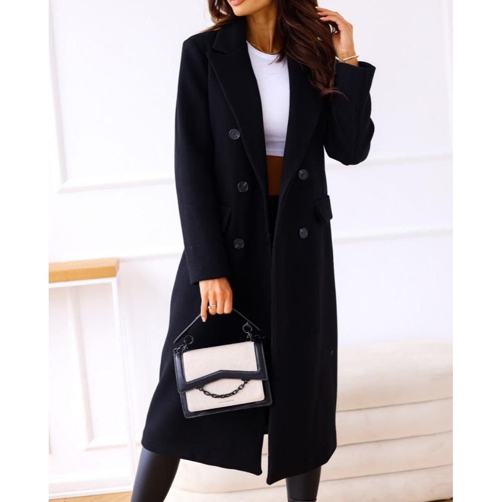 Women's Autumn and Winter Simple Double-breasted Long-sleeved Lapel Button Tweed Jacket