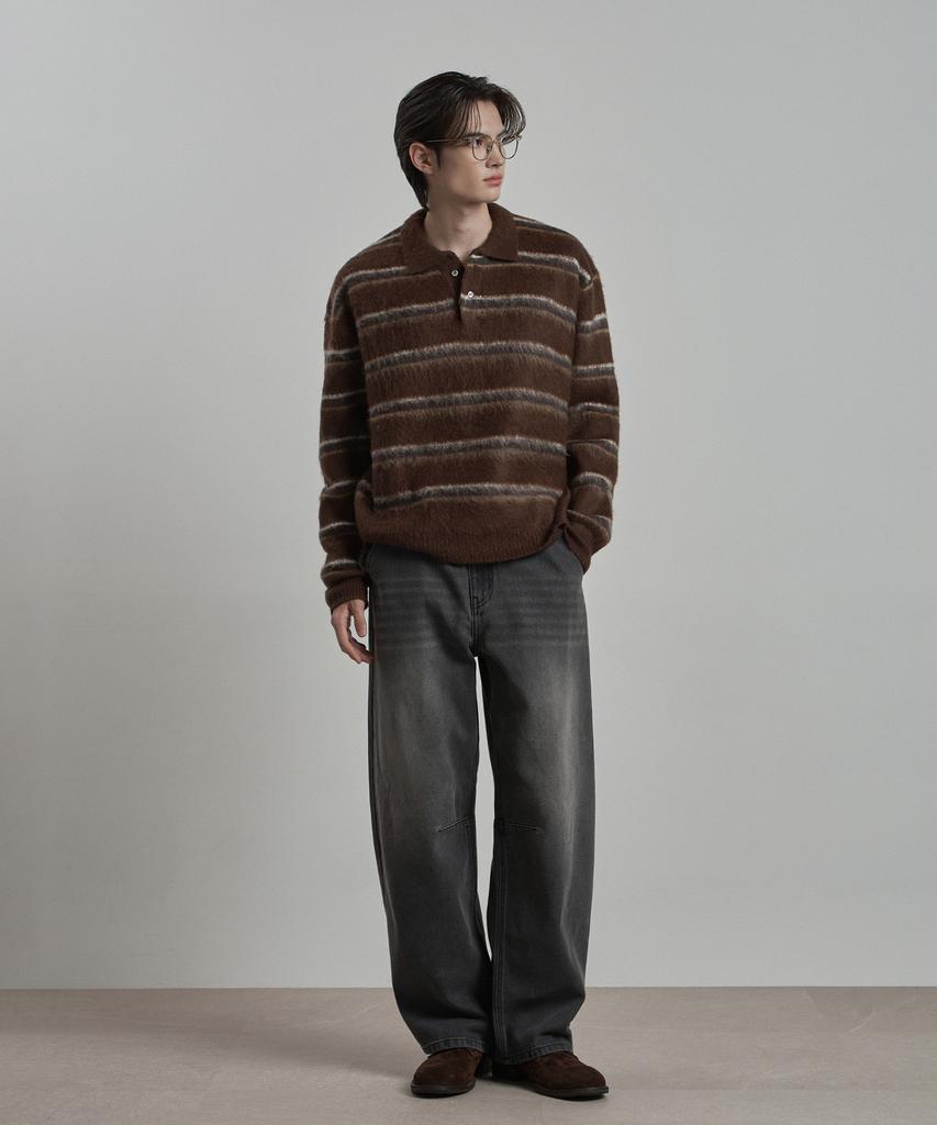 WORK ON BODY OFF Lanugo Semi-Overfit Striped Brush Collar Knit [Brown]