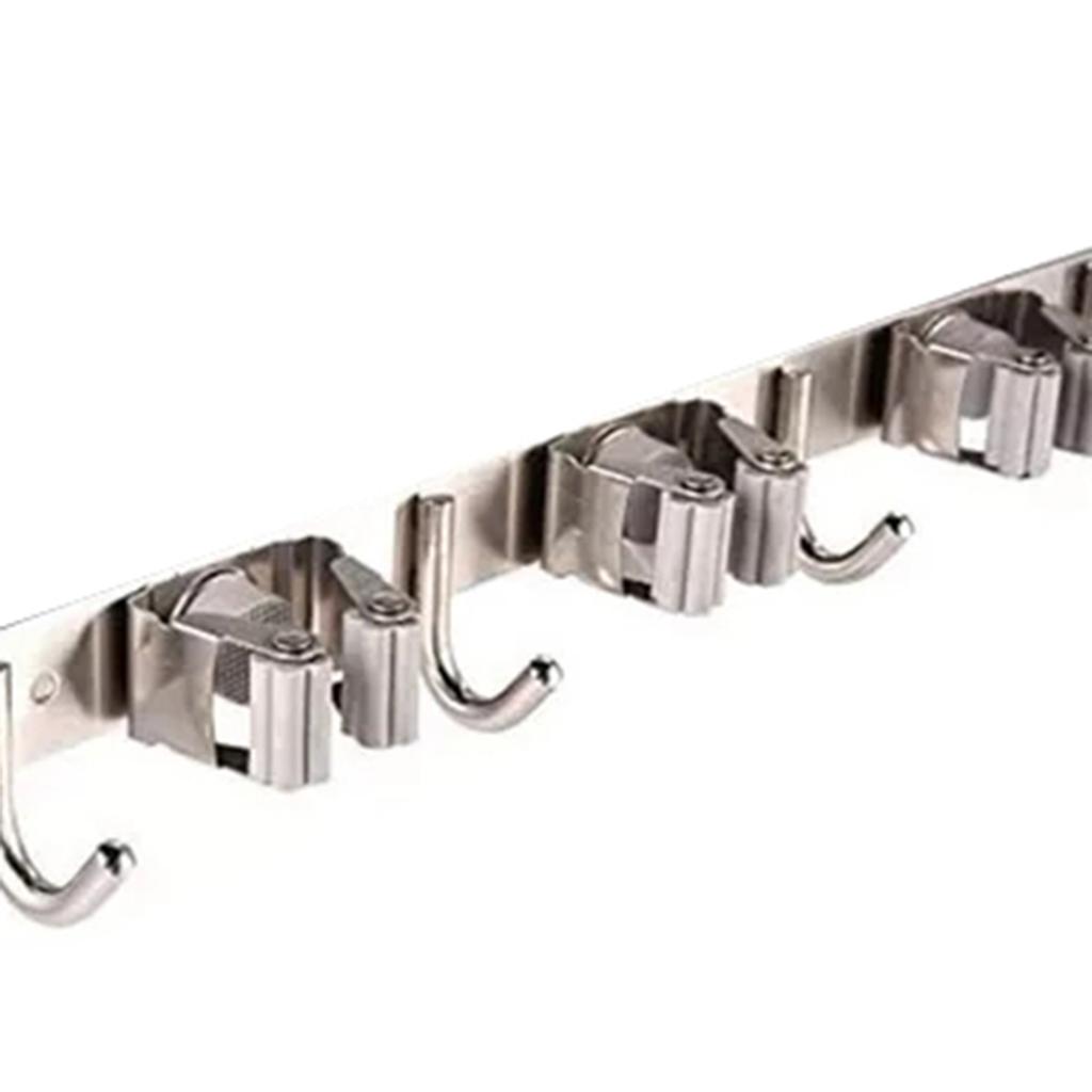 3 Racks and 4 Hooks Broom Holder Mop Hanger 304 Stainless Steel Multifunctional No Punch Laundry