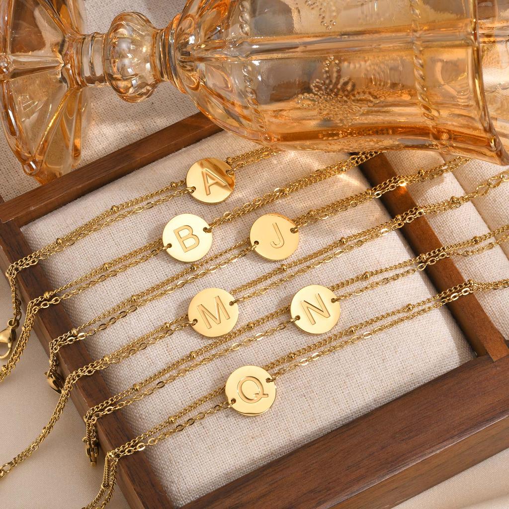 Stainless Steel Polished Round Plate Letter A-Z Double Layer Stacked Bracelet for Women 14K Gold Color Charm Wrist Jewelry Gifts