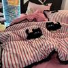 Pink Striped Cat Embroidery Bedding Set Korean Style Washing Cotton Cute Cardboard Duvet Cover Bed Sheet Pillowcases 3/4pcs