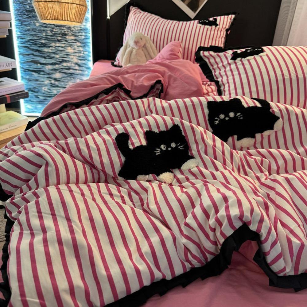 Pink Striped Cat Embroidery Bedding Set Korean Style Washing Cotton Cute Cardboard Duvet Cover Bed Sheet Pillowcases 3/4pcs