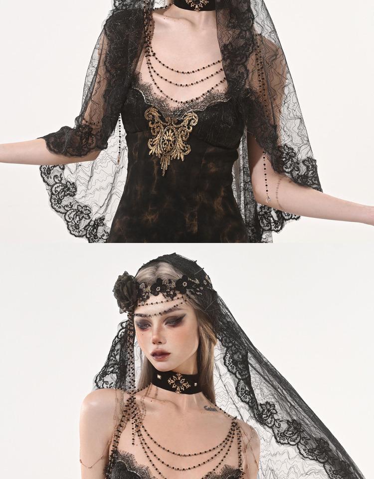 Exquisite Gothic Black Lace Bridal Veil Intricate Floral Embroidery Delicate Beaded Accents for Wedding/Boho/Halloween Party