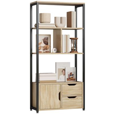 4-Tier Bookcase, Bookshelf with 1 Cabinet and 2 Drawers for Living Room, Bedroom, Study, Natural Wood