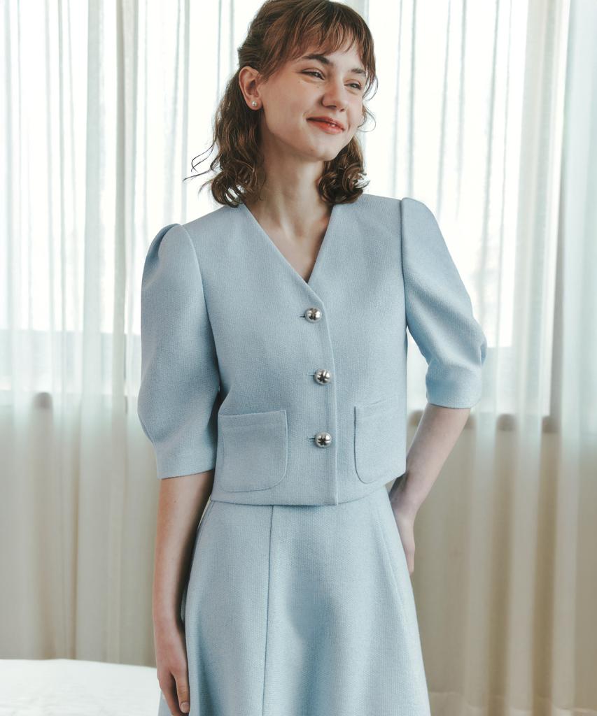 ZEROSTREET [Set] Short Sleeve Soft Tweed Jacket & Skirt / Light Blue