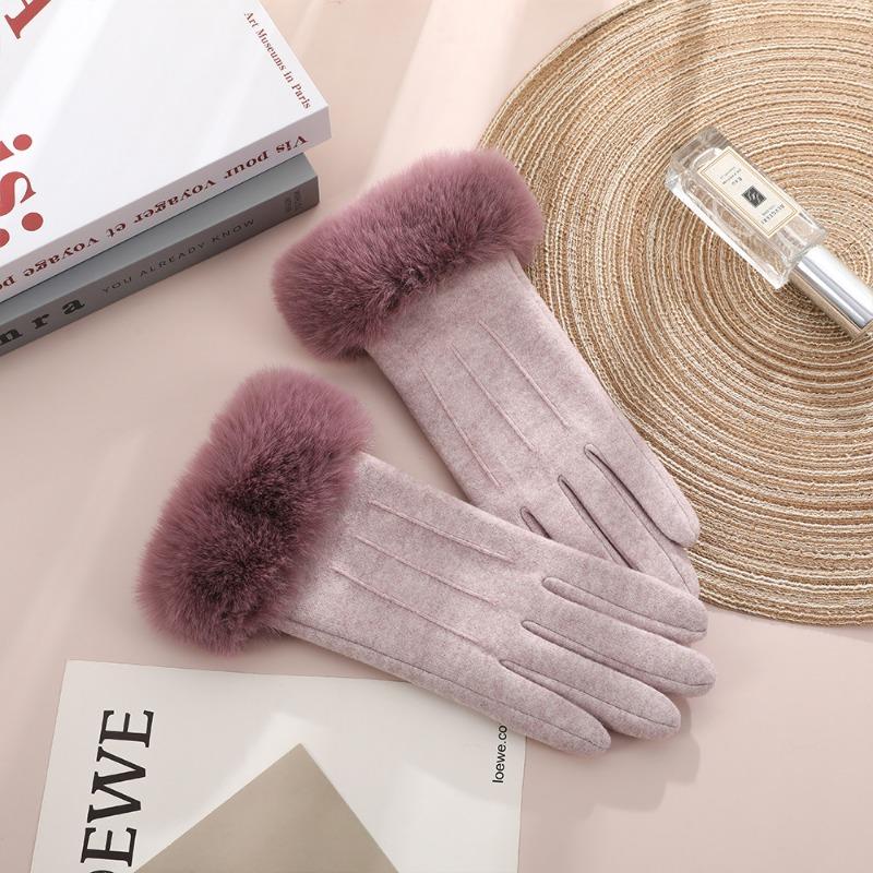 Women Winter Keep Warm Touch Screen Stripe Wrist Hairy Gloves Elegant Simple Windproof Not Bloated Cycling Drive Elasticity