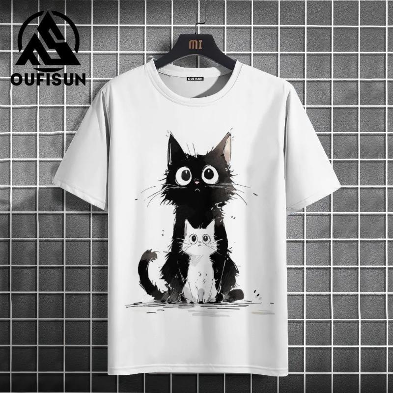 Letní pánské tričko Animal Cute Cat Print Crew Neck Krátký rukáv Tričko Street Trend Tops Nadměrné pánské oblečení Tričko pro muže