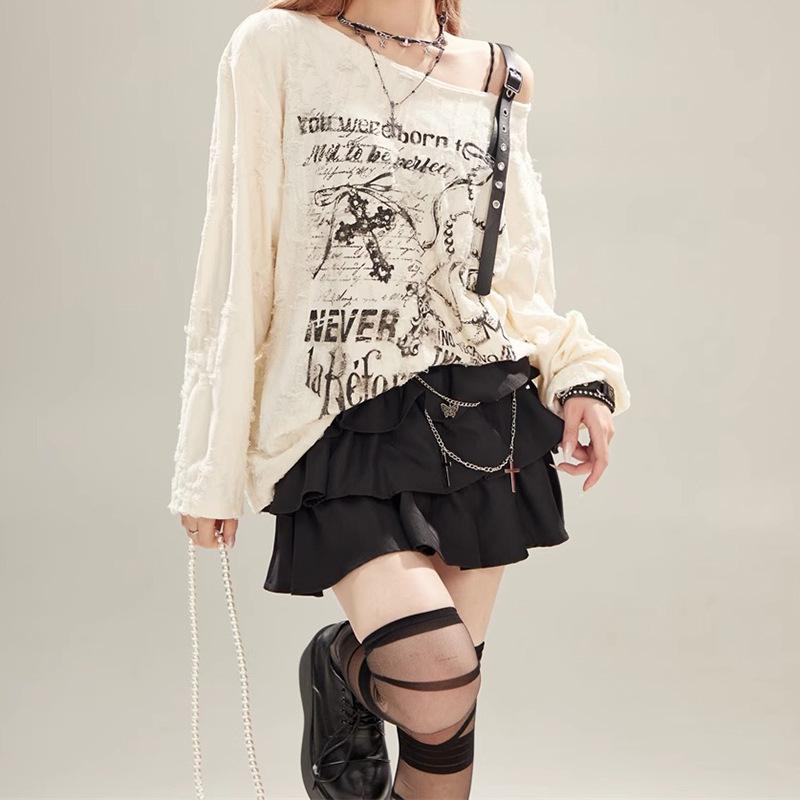 Y2k Gothic Grunge Dark Hollow Out T Shirt Frauen Harajuku Hollow Out Off Shoulder Sexy Tees Herbst Punk Letter Print Tops
