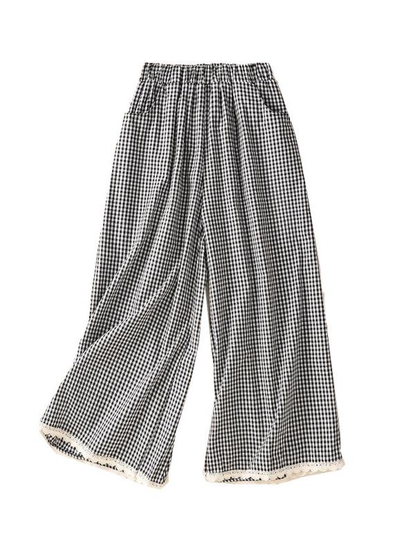 Women's Retro Lace Patchwork Plaid Wide-Leg Pants - Black & White, Casual, Nine-Tenths, Spring/Summer Fashion.