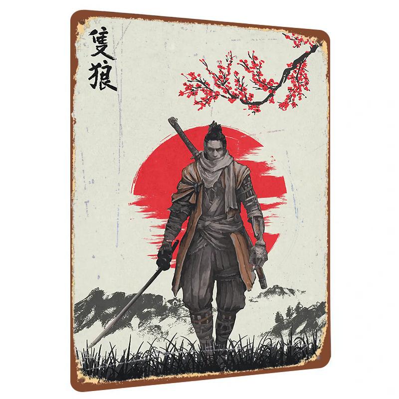 

Sekiro Themed Metal Wall Art Japanese Samurai Red Sun Cherry Blossom Decor for Living Room Study Room 20x30cm（7.8x11.8inch）