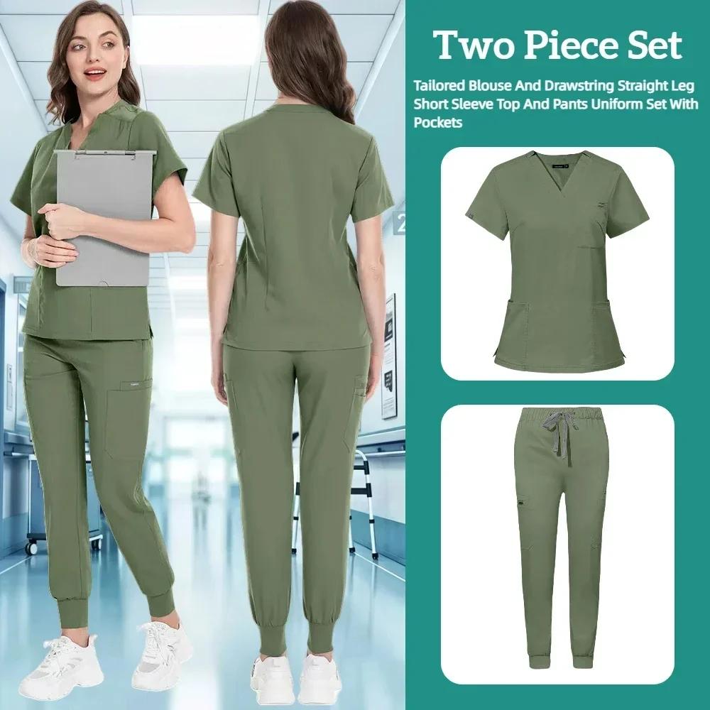 Zdravotnický uniformní oblek Krátký rukáv V-výstřih Topy+jogger kalhoty Set Ošetřovatelská uniforma Dámská Vícebarevná Pet Doctor Scrub Lékařské pracovní oblečení