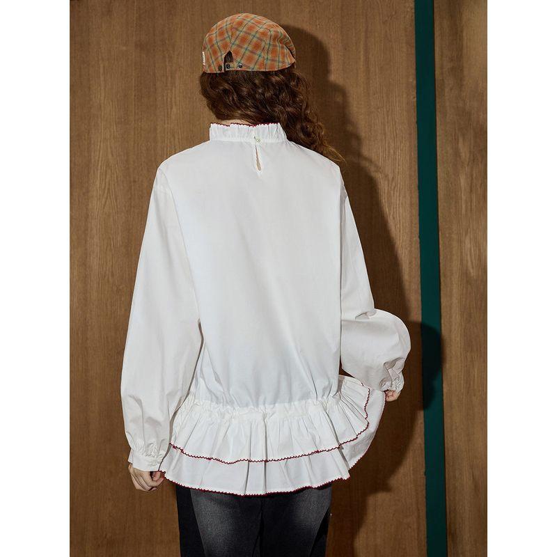 Coolhut Color-Blocked Lace Hem Stand-Up Collar Long-Sleeve Sweet Loose Patchwork 2025 Autumn Women's Shirt with a Sense of Design