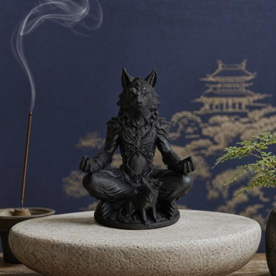 Yousheng 3D Printed Gothic Werewolf Meditation Statue, Zen Beast Warrior Sculpture with Round Base, Matte Black Fantasy Desk Decor, Unique Gift for
