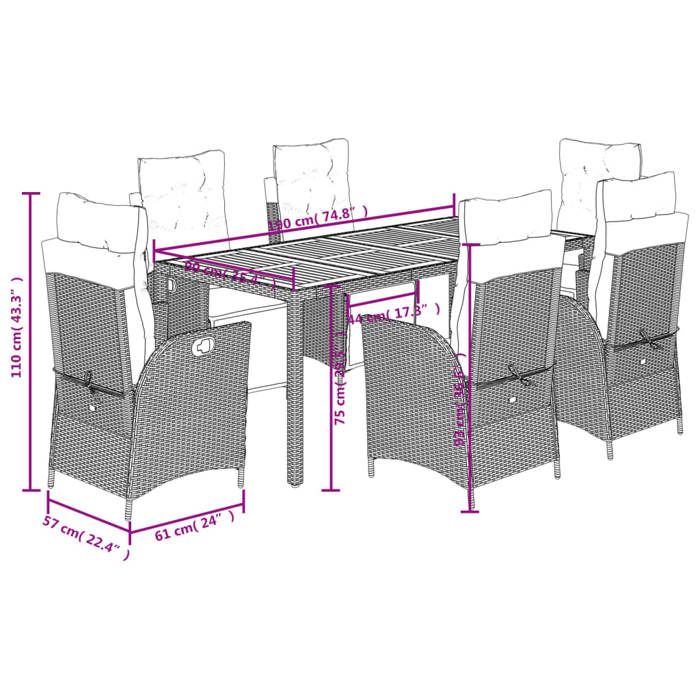 VidaXL Ensemble à Manger de Jardin avec Coussins 7 pcs, Table et Chaises avec Dossier Réglable, Meubles d'Extérieur, 3213100