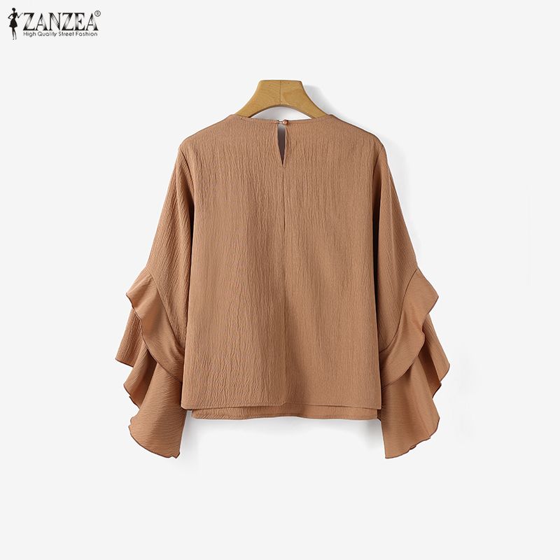 ZANZEA Womens Casual Round Neck Long Sleeve Ruffles Splice Loose Blouse