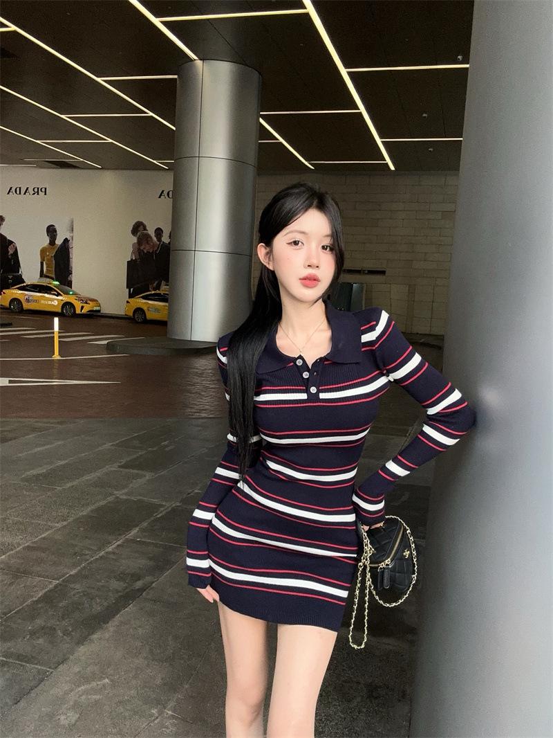 

Women s College-Style Striped Knit Polo Dress, Autumn/Winter Hip-Hugging Design, Sexy and Stylish Inner Wear One Size синий