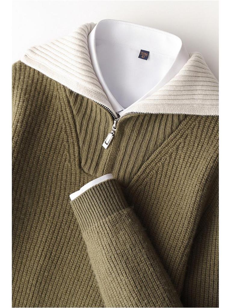Men's Fashion Versatile Half-Zip 100% Wool Color Block Sweater