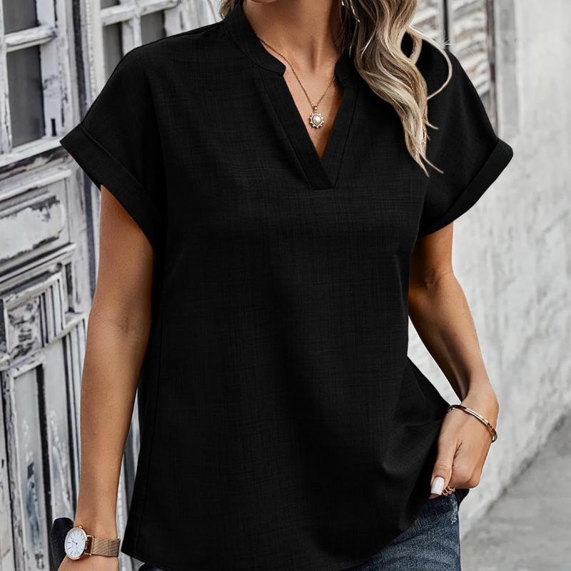 Women's Summer Simple Fashion V-neck Short-sleeved Linen Shirt Shirt