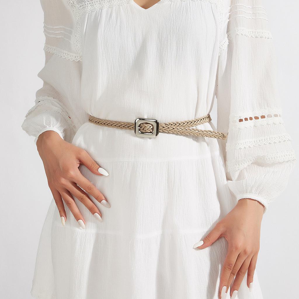 Womens Pu Casual Leather Belt With Woven Pattern And Alloy Buckle Daily For