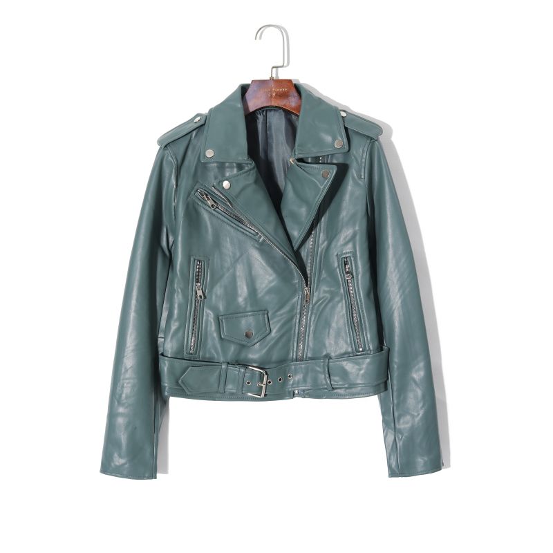 

2025 Весна Женская одежда Мода Западный стиль Однотонный Темперамент Отложной воротник Косая молния Длинный рукав Приталенный ПУ кожаная Верхняя одежда Green S
