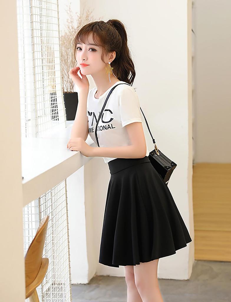 Sharphon Black Flared Length Elastic Korean with Inner High Mini Solid Perfect for and Everyday REI211 Skirt, 45cm, Waist, Style, Pants, Waist,