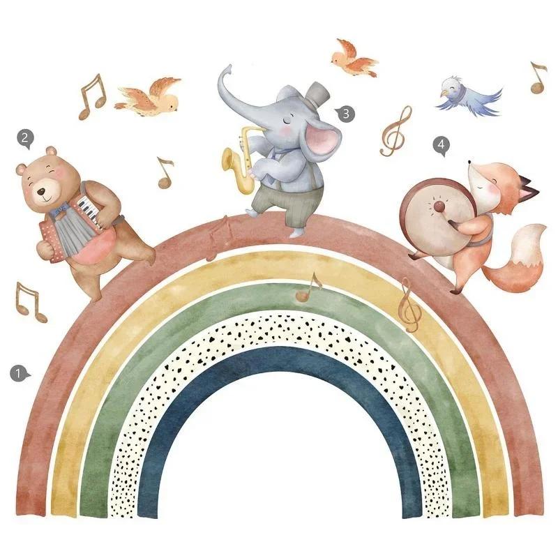 Cartoon Animal Rainbow Wall Stickers Self-Adhesive Fox Elephant Bear Decals Kids Bedroom Home Decor