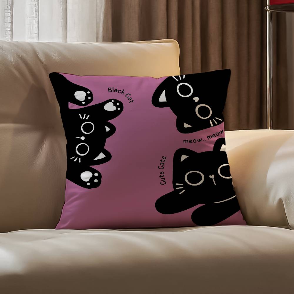 Cute Cartoon Little Black Cat Pillow Case Anti-dustmite Pillowcase Invisible Zipper Silky Short Plush Sofa Cushion Cover
