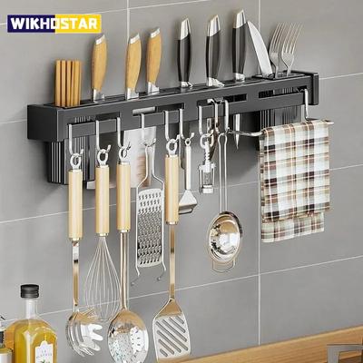 Storage Rack Knife With Hook Kitchen Cabinet Stainless Steel Frame Wall Mounted Knife Holder Storage Rack Kitchen Nail Free
