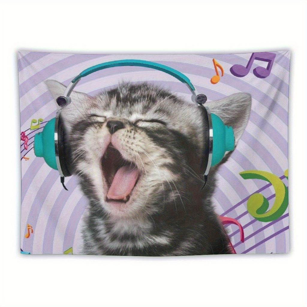 Whimsical Cat  Listening To Headphones Kitten Design Tapestry Room Decoration Home Decor Bedroom Wall Hanging Fabric