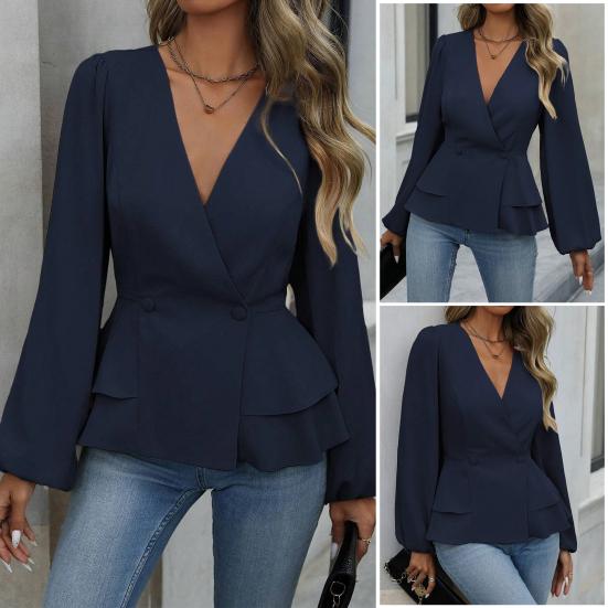 Women Tops V Neck Long Sleeve Slimming Blouse Waist Tight Ruffle Trim Hem Solid Color Shirt Tops Daily Wear