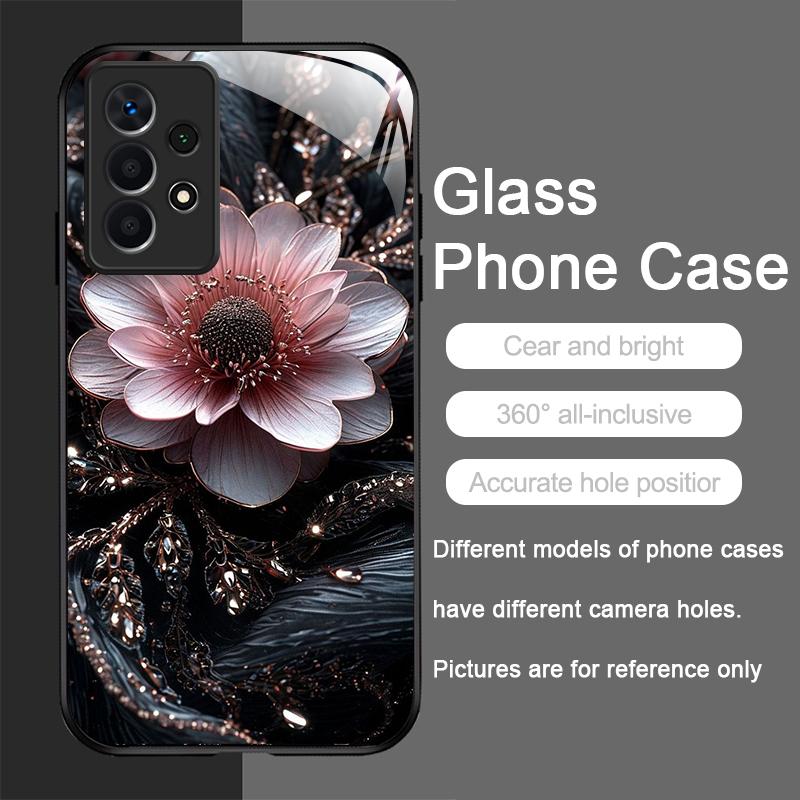 Vintage Floral Stylish Lotus Flower Pattern Tempered Glass Phone Case for Samsung Galaxy A56 A55 A54 A53 A52 A36 A14 A15 Covers