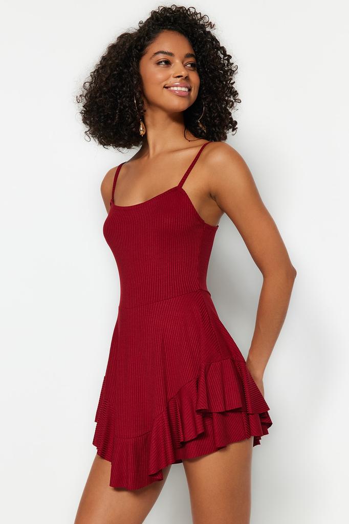 Women's Fashion Jumpsuit Square Collar Strappy Fuchsia Belted Strap Mini Woven Jumpsuit