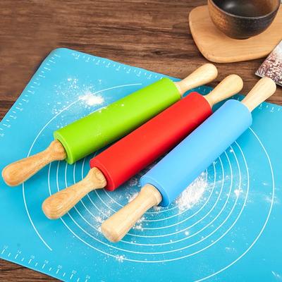 1pcs  Non-Stick Wooden Handle Pin Pastry Dough Flour Roller Silicone Rolling Kitchen Baking Cooking Tools Christmas Rolling Pin