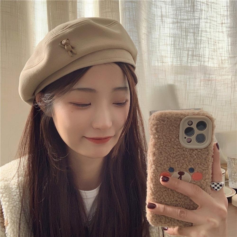 Cute Bear Painter Hats Woolen Cloth Newsboy Hats Retro Octagonal Beret Caps  for Autumn Winter