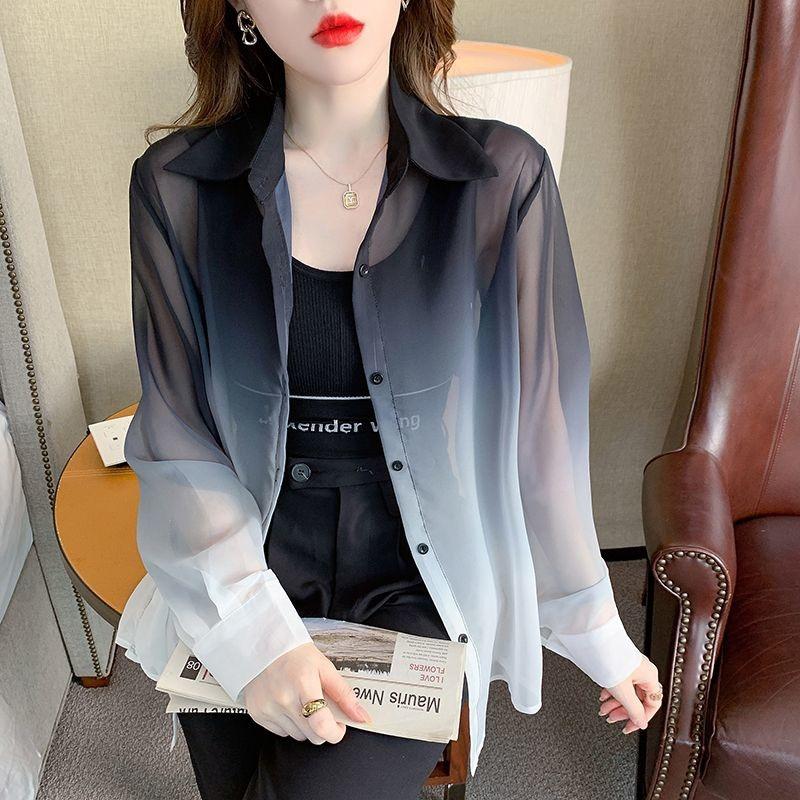 Fashion Gradient Color Chiffon Shirt Women Summer Tie Dye Contrast Color Sun Protection Shirts Woman Korean Streetwear Blouse