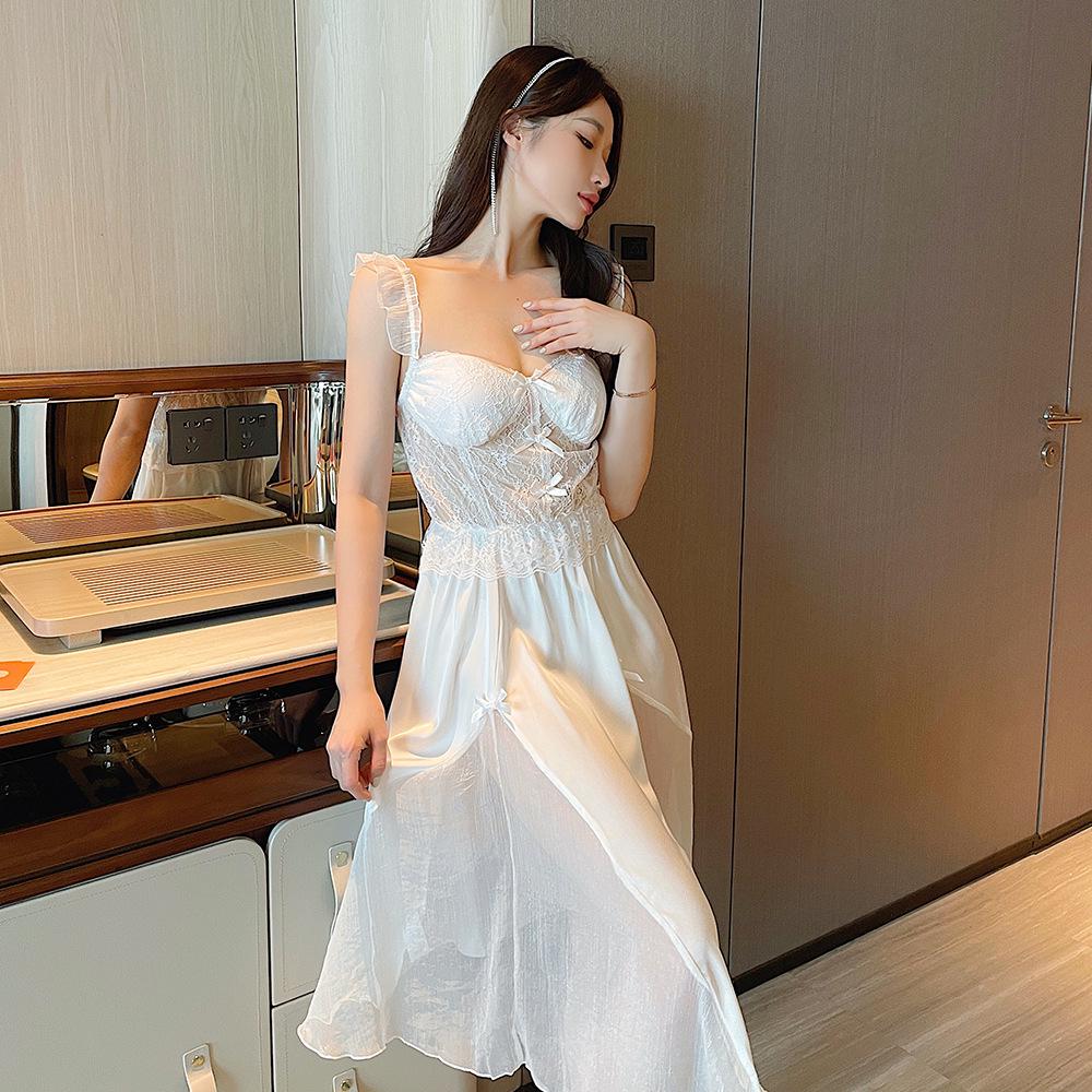 

«Женская кружевная ночная рубашка из ледяного шелка с подкладкой на груди — сексуальная, тонкая и длинная для весны и осени» Medium белый