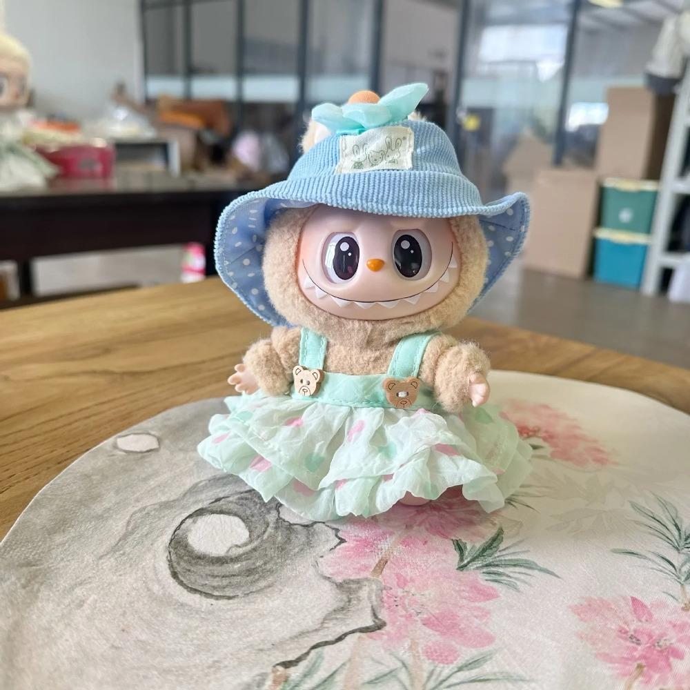 17cm Labubu Doll Outfit with Pleated Skirt Flower Hairpin and Baseball Cap Hat Set Labubu Clothing Accessories