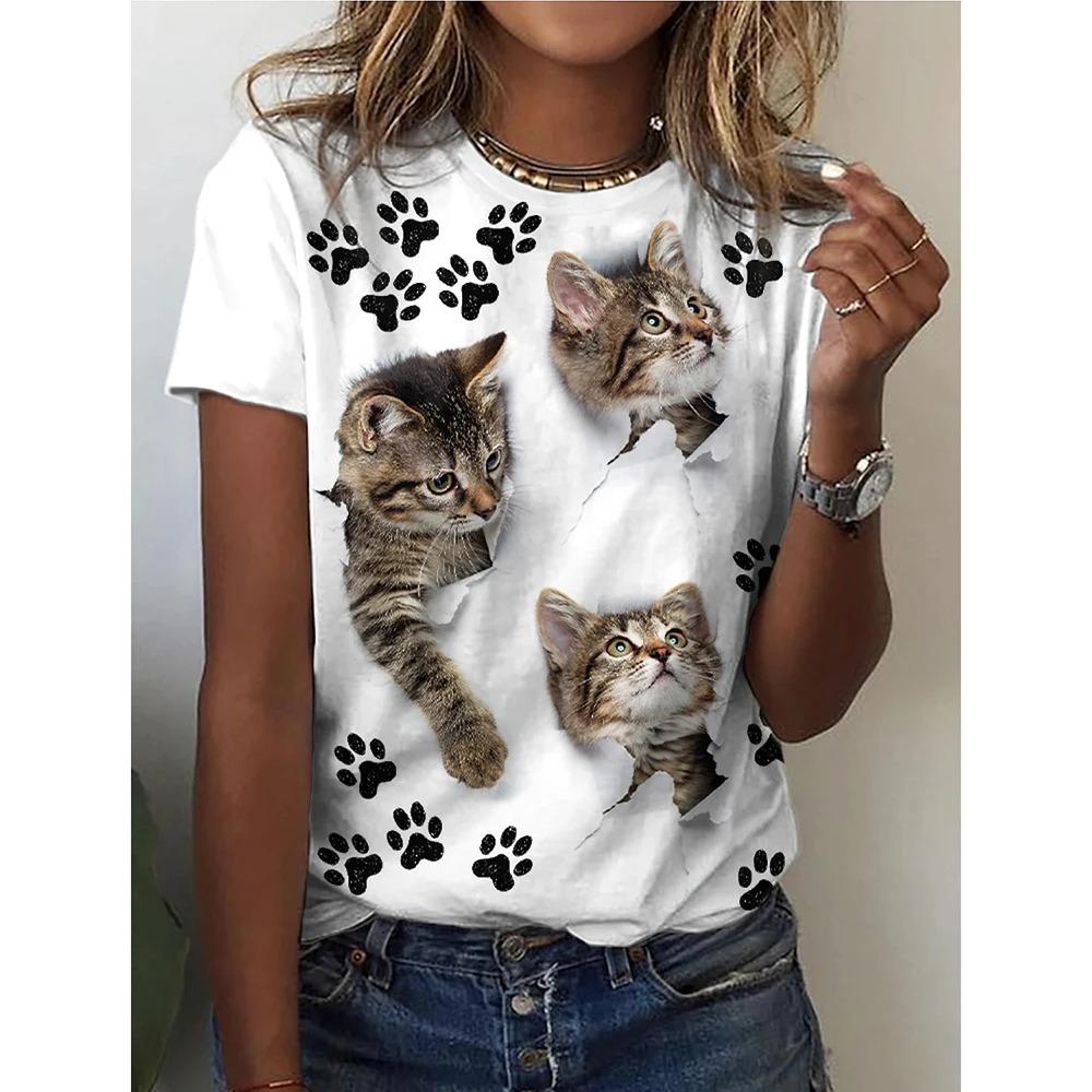 Women 3d Cute Cat Print Fashion Y2k Tops Kawaii Oversized Summer O-Neck Top