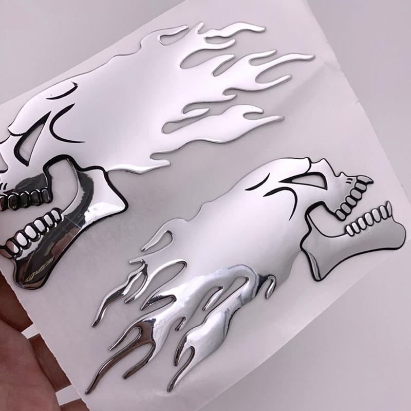 2Pcs/Pair 14*6cm Car Decoration Stickers,Helmet Shaped Decoration,Silver Fire Skull Stickers,Car Decoration Accessories
