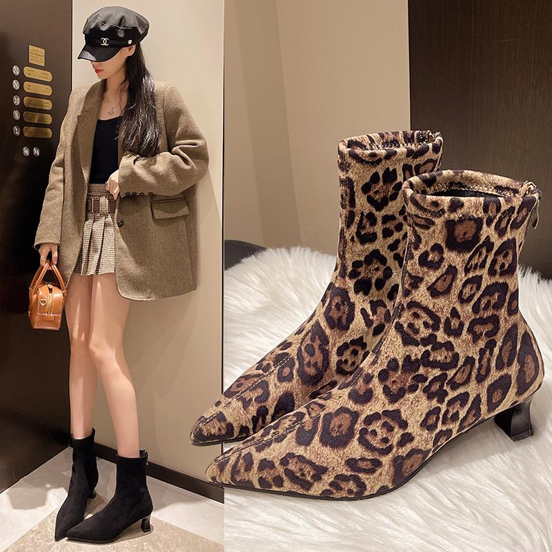 Leopard Print Women Ankle Boots Fashion Elegant Dancing Party Prom Shoes High Heel Women's Modern Short Booties