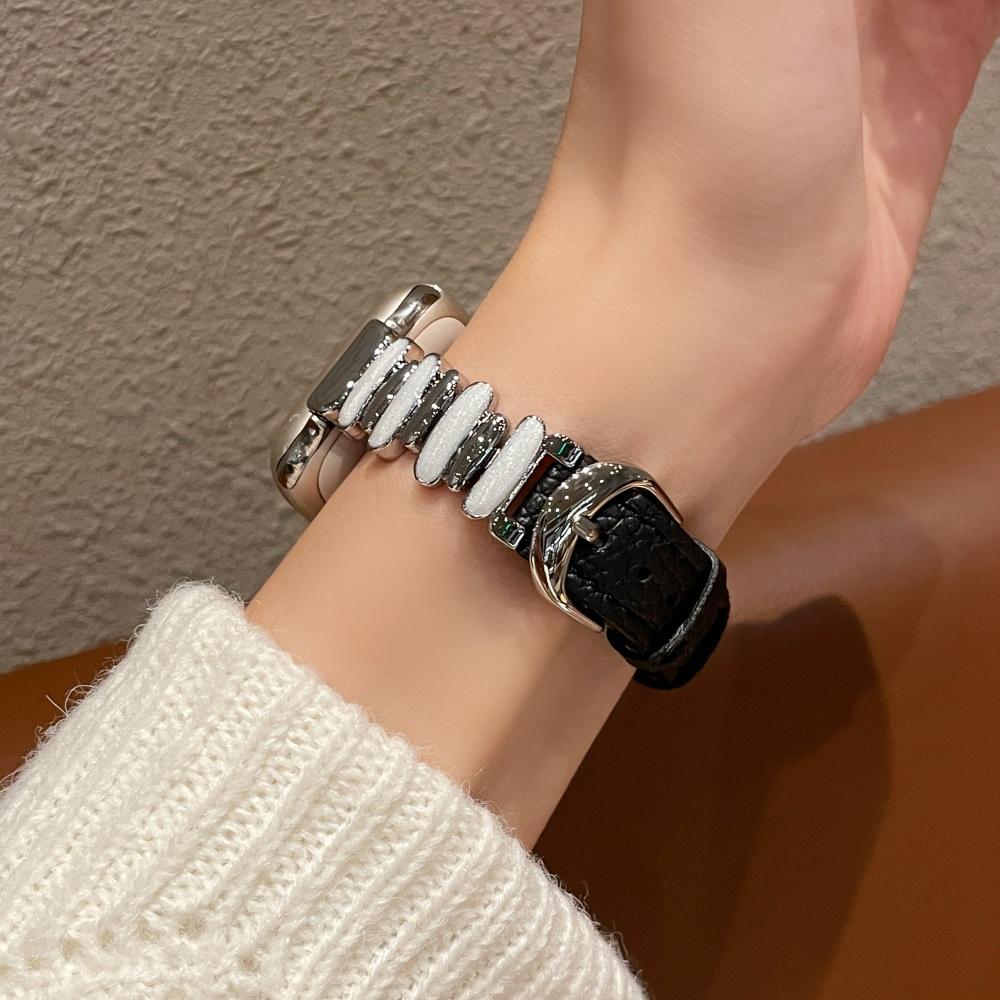 Women Luminous Moon White Beaded Lychee Grain Spliced Leather Slim Strap for Apple Watch Series12 11 10 SE1 2 3/Ultra4 3 2 38/42/44/45/49 mm