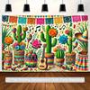 Bannière plate 1 pièce de tissu de fond pour une fête de carnaval mexicain présentant des cactus des chapeaux à larges bords et des maracas