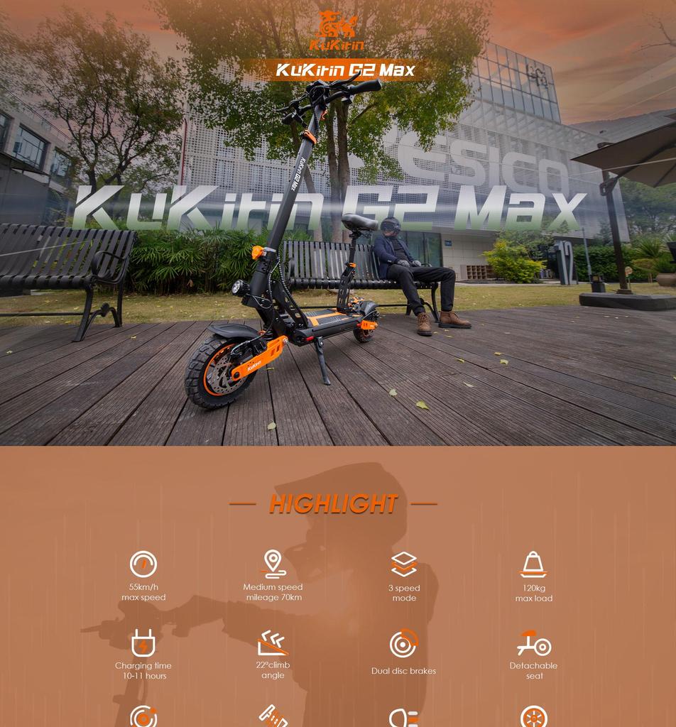 Patinete Eléctrico Plegable Kukirin G2 Max Motor 1200W Patinete Eléctrico Para Adulto Velocidad Máxima 55KM/h 48V 20.8AH Autonomía 70Km Carga 120kg