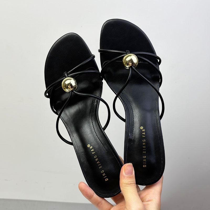Fashion Black Footwear Metal Fashion Round Toe Ladies Medium Heels Sandals Female Slides Shoes Elegant Women Heeled Sandals Shoes Pumps